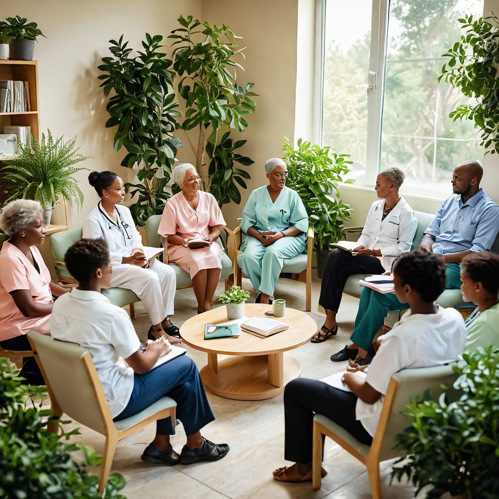 A serene yet empowering scene showcasing a diverse group of cancer patients and healthcare professionals engaged in a supportive discussion. Surrounding them are symbolic elements representing education, hope, and wellness, like open books, green plants, and uplifting quotes. The background features soft, warm colors to evoke comfort and strength, embodying a sense of community and resilience. super-realistic. vibrant colors. soft focus.
