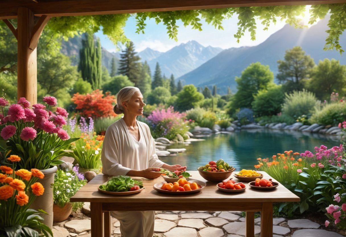 A serene landscape depicting a tranquil garden with a cancer patient practicing mindfulness through meditation surrounded by lush greenery and vibrant flowers. A table nearby is filled with colorful, healthy foods symbolizing nutrition, and soft sunlight filters through the leaves, creating a peaceful atmosphere. The background shows calming nature elements like a gentle stream and distant mountains, representing lifestyle changes. super-realistic. vibrant colors. peaceful ambiance.