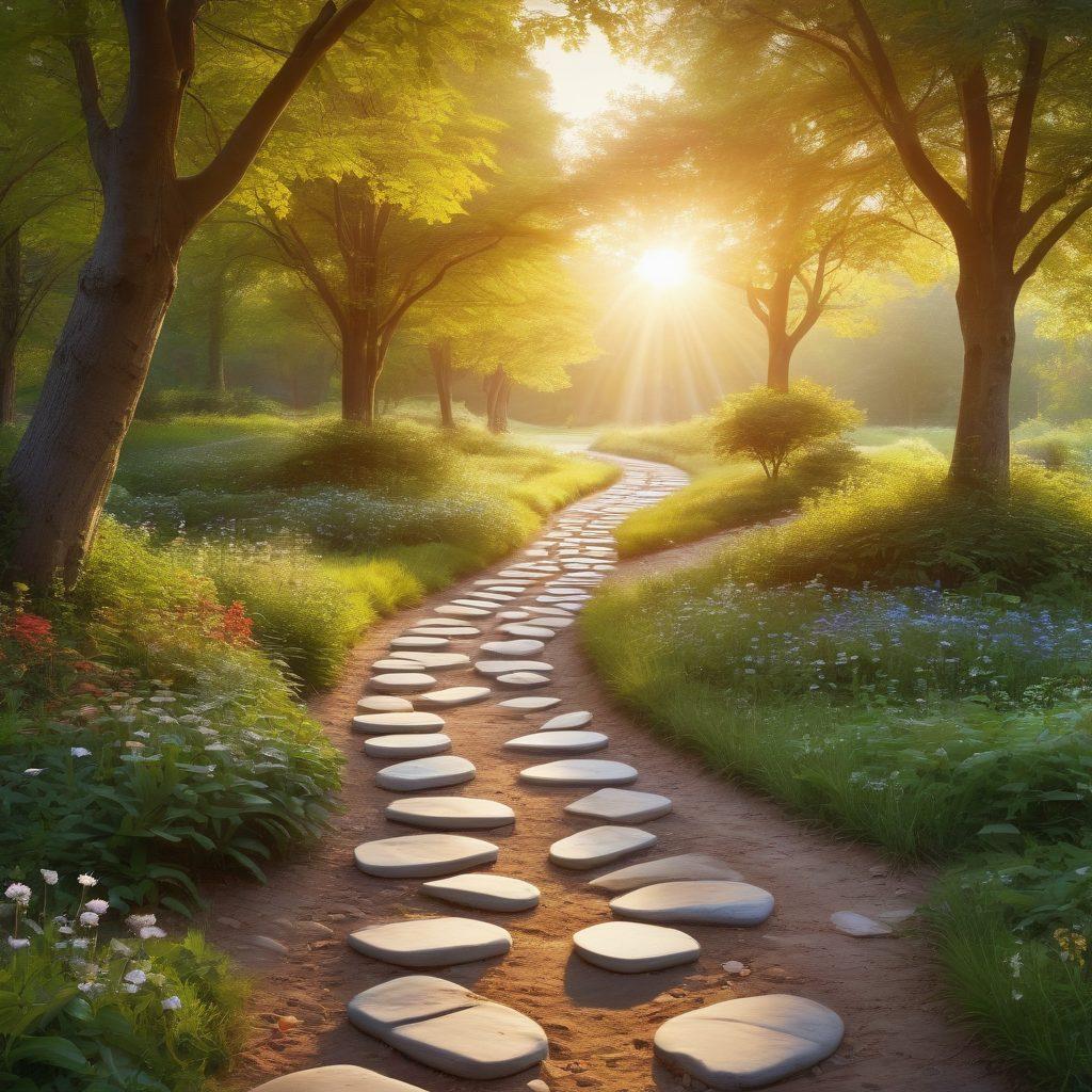 A serene landscape depicting a winding path symbolizing the journey from diagnosis to survivorship, with warm light filtering through trees. Along the path, various treatment icons like medication, therapy, and community support are represented as stepping stones. Include diverse individuals walking together, sharing stories and support. The atmosphere conveys hope and resilience. super-realistic. vibrant colors. peaceful background.